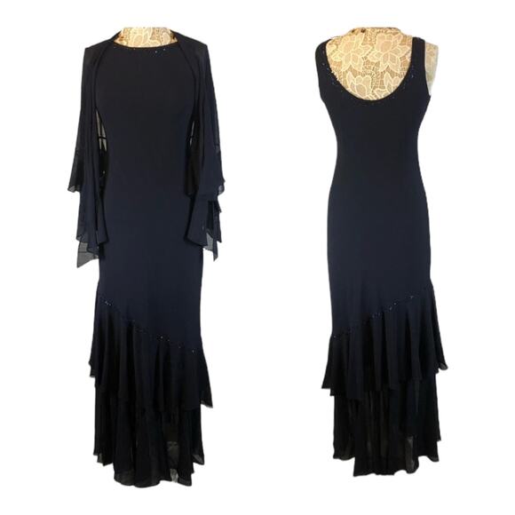 Davids bridal formal sleevless long navy beaded tiered dress with shawl size 4 - Picture 1 of 12
